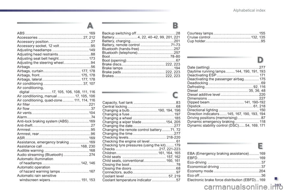 Peugeot 508 RXH 2012 Service Manual .
287 Alphabetical index
ABS ...............................................................169Accessories ............................................27, 212Accessory position........................