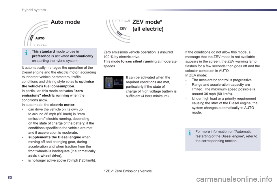 Peugeot 508 RXH 2012  Owners Manual 30
i
i
Hybrid system
   
Auto mode
It automatically manages the operation of the
Diesel engine and the electric motor, according 
to inherent vehicle parameters, traffic 
conditions and driving style 