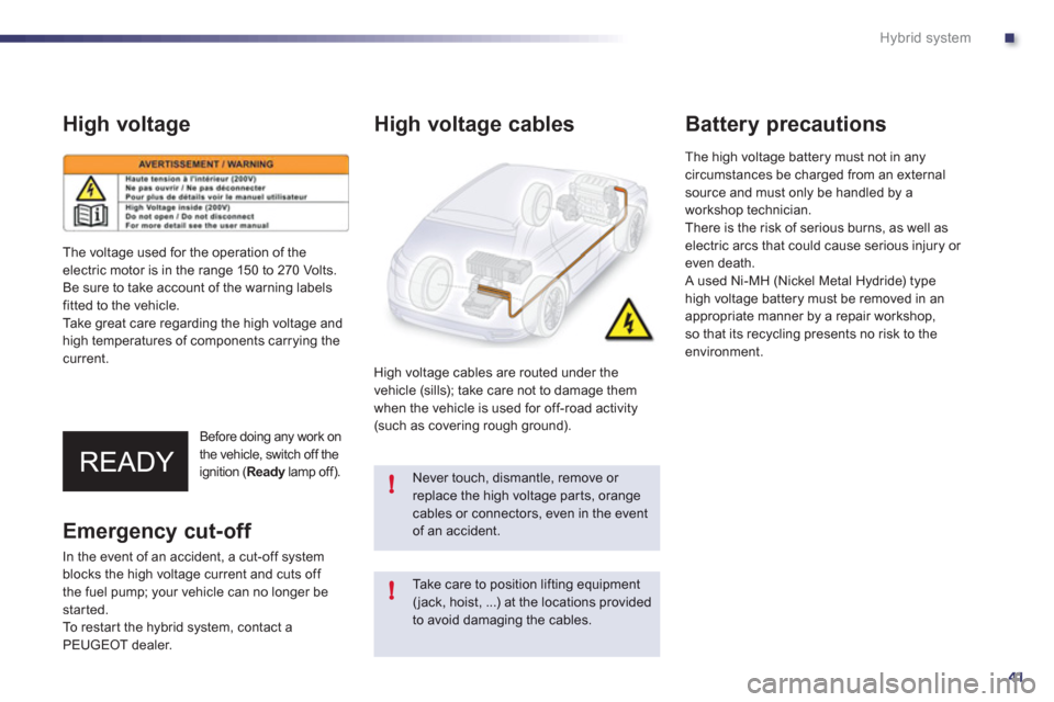 Peugeot 508 RXH 2012 User Guide .
41
!
!
Hybrid system
High voltage
Before doing any work on 
the vehicle, switch off the 
ignition ( Readylamp off).  y
High voltage cables
High voltage cables are routed under the
vehicle (sills); t