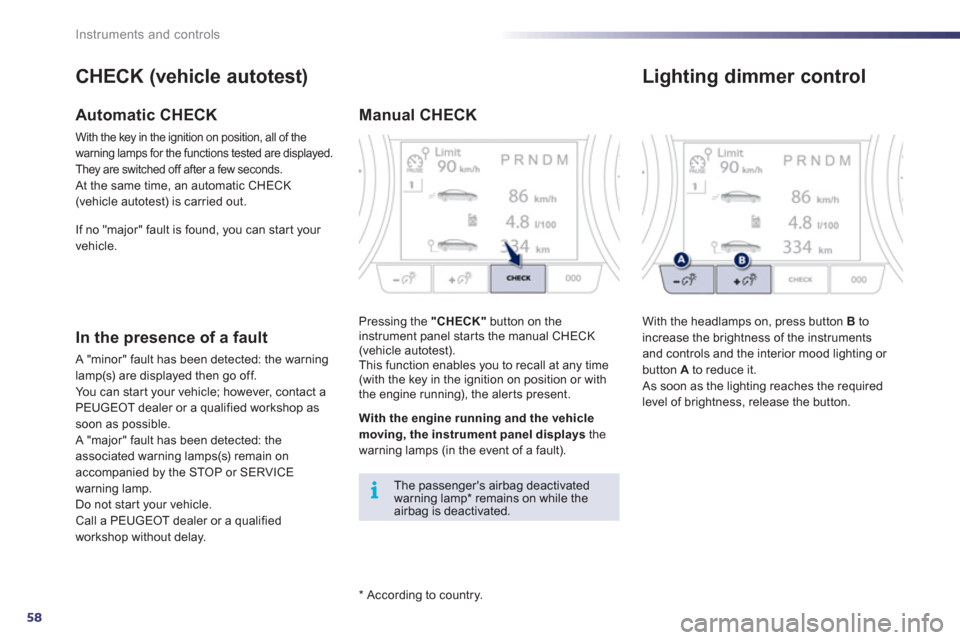 Peugeot 508 RXH 2012  Owners Manual 58
i
Instruments and controls
   
*  
 According to country.  
CHECK (vehicle autotest)
Automatic CHECK 
With the key in the ignition on position, all of the
warning lamps for the functions tested are