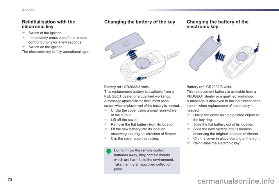 Peugeot 508 RXH 2012 User Guide 72
Access
   
 
 
 
 
 
 
 
 
 
 
 
Changing the battery of the key
 
Battery ref.: CR2032/3 volts. 
  This replacement battery is available from aPEUGEOT dealer or a qualified workshop.
  A message a