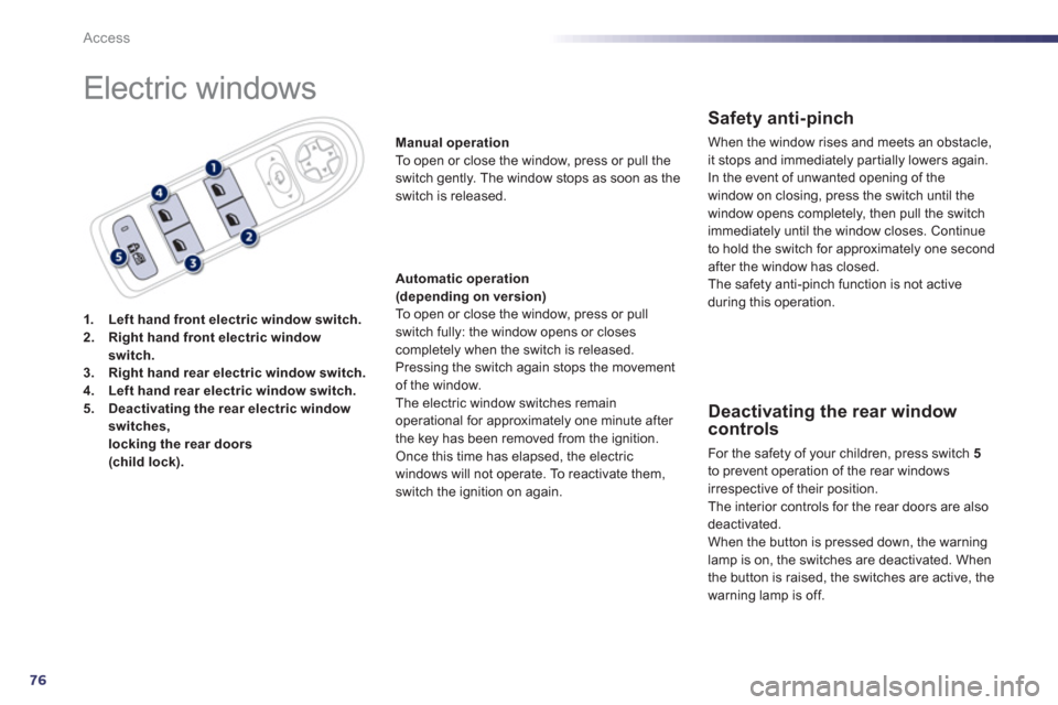 Peugeot 508 RXH 2012 Manual PDF 76
Access
  Electric windows 
1.Left hand front electric window switch.2.Right hand front electric windowswitch.3.Right hand rear electric window switch.4.Left hand rear electric window switch.5.Deact