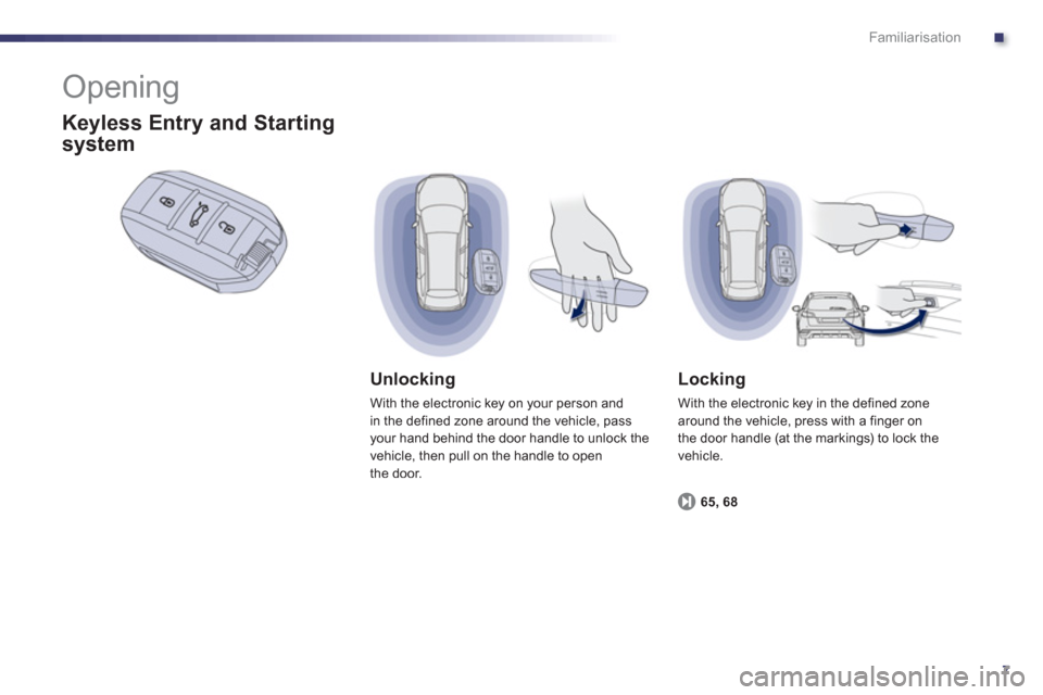 Peugeot 508 RXH 2012  Owners Manual .
7
Familiarisation
  Opening 
Unlocking
With the electronic key on your person andin the defined zone around the vehicle, pass your hand behind the door handle to unlock the
vehicle, then pull on the