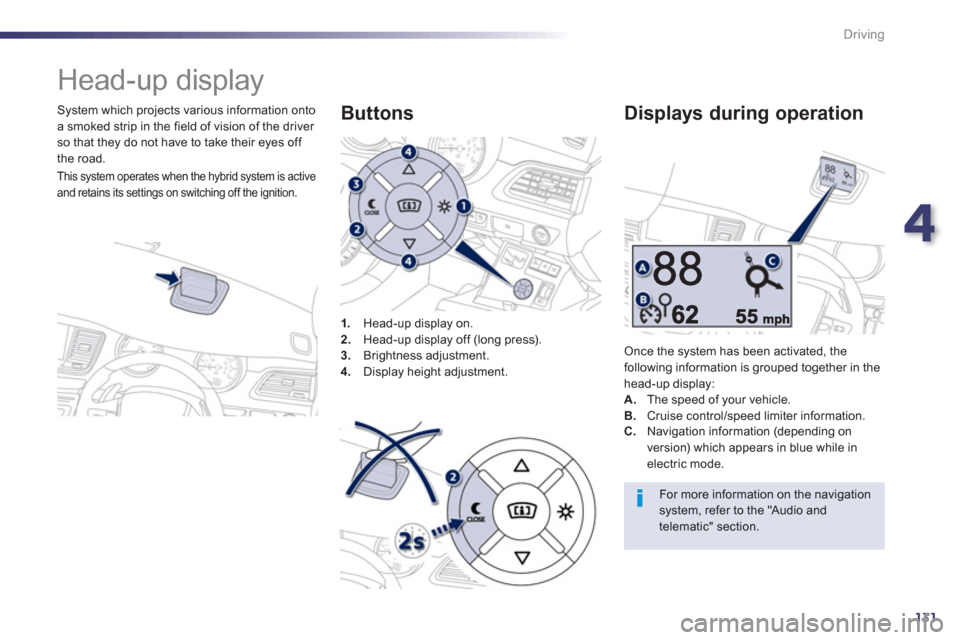 Peugeot 508 RXH 2012  Owners Manual - RHD (UK, Australia) 4
131
Driving
   
 
 
 
Head-up display 
 
 
System which projects various information onto
a smoked strip in the field of vision of the driver so that they do not have to take their eyes off 
th
e ro