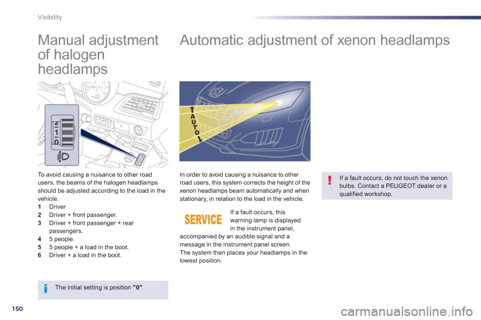 Peugeot 508 RXH 2012  Owners Manual - RHD (UK, Australia) 150
Visibility
   
 
 
 
 
 
Manual adjustment 
of halogen 
headlamps    
 
 
 
 
 
 
 
Automatic adjustment of xenon headlamps 
To avoid causing a nuisance to other road 
users, the beams of the halo