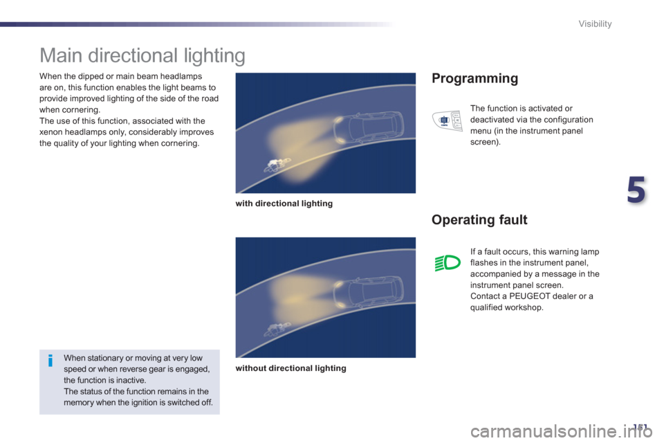 Peugeot 508 RXH 2012  Owners Manual - RHD (UK, Australia) 5
151
Visibility
   
When the dipped or main beam headlamps 
are on, this function enables the light beams toprovide improved lighting of the side of the road 
when cornering. 
  The use of this funct