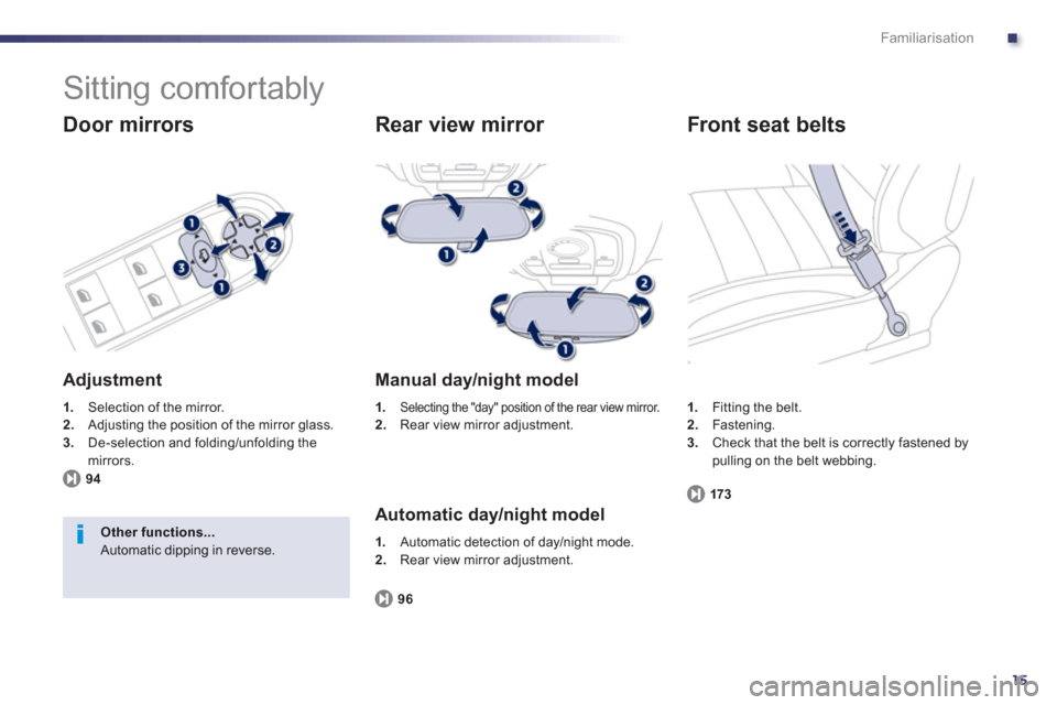 Peugeot 508 RXH 2012   - RHD (UK, Australia) User Guide .
15
Familiarisation
  Sitting comfortably 
 
 
Door mirrors
 
 
Adjustment
1. 
 Selection of the mirror. 2.Adjusting the position of the mirror glass. 3.De-selection and folding/unfolding the mirrors