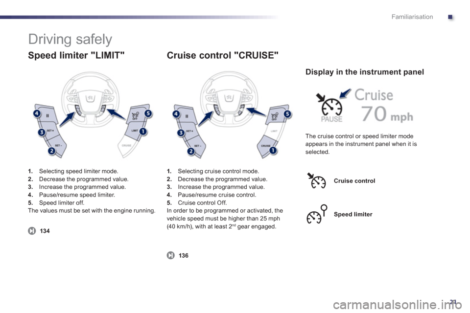 Peugeot 508 RXH 2012  Owners Manual - RHD (UK, Australia) .
21
Familiarisation
  Driving safely 
 
 
Speed limiter "LIMIT"
1. 
 Selecting speed limiter mode.2.Decrease the programmed value.3.Increase the programmed value.4. 
 Pause/resume speed limiter.
5.  