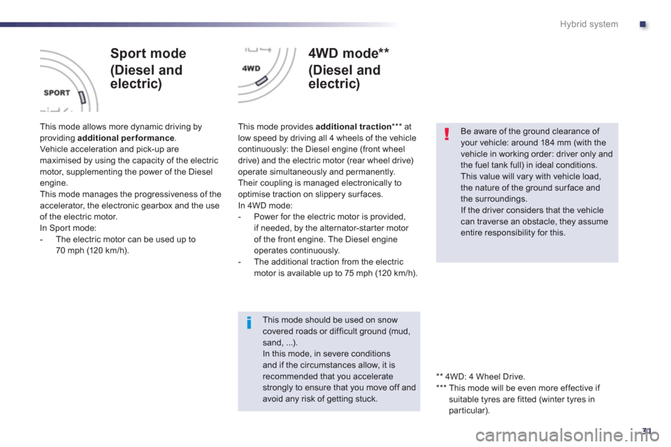 Peugeot 508 RXH 2012  Owners Manual - RHD (UK, Australia) .
31
Hybrid system
   
Sport mode
(Diesel and 
electric) 
 
 This mode allows more dynamic driving byproviding additional performance. Vehicle acceleration and pick-up aremaximised by using the capaci