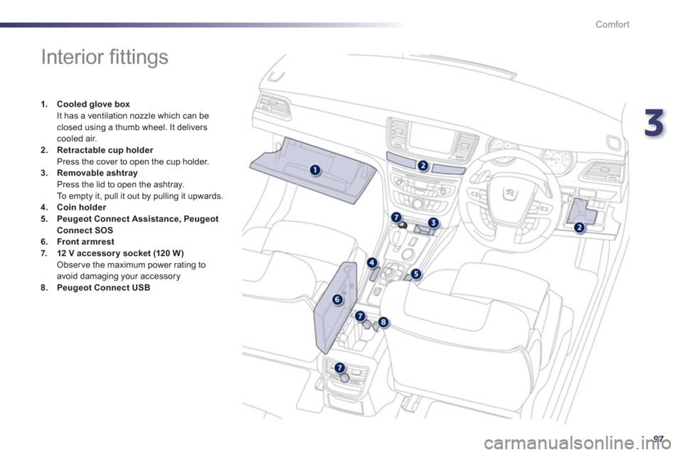 Peugeot 508 RXH 2012   - RHD (UK, Australia) Owners Manual 3
97
Comfort
   
 
 
 
 
 
 
 
 
 
 
 
 
 
 
 
 
Interior ﬁ ttings 
1.Cooled glove box It has a ventilation nozzle which can be closed using a thumb wheel. It deliverscooled air. 2.Retractable cup h