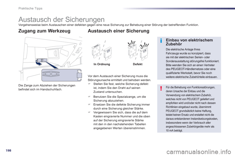 Peugeot 508 RXH 2012  Betriebsanleitung (in German) 198
Praktische Tipps
   
 
 
 
 
 
 
 
 
 
 
 
 
 
 
 
 
 
 
Austausch der Sicherungen Vorgehensweise beim Austauschen einer defekten gegen eine neue Sicherung zur Behebung einer Störung der betreffe