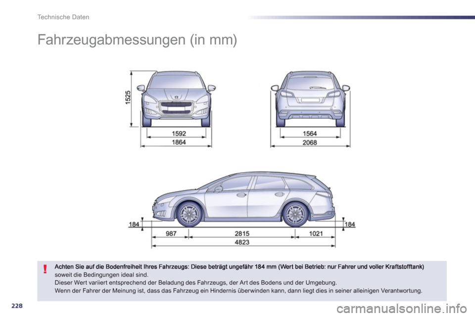 Peugeot 508 RXH 2012  Betriebsanleitung (in German) 228
Technische Daten
   
 
 
 
 
Fahrzeugabmessungen (in mm) 
soweit die Bedingungen ideal sind. 
Dieser Wert variiert entsprechend der Beladung des Fahrzeugs, der Art des Bodens und der Umgebung. 
We