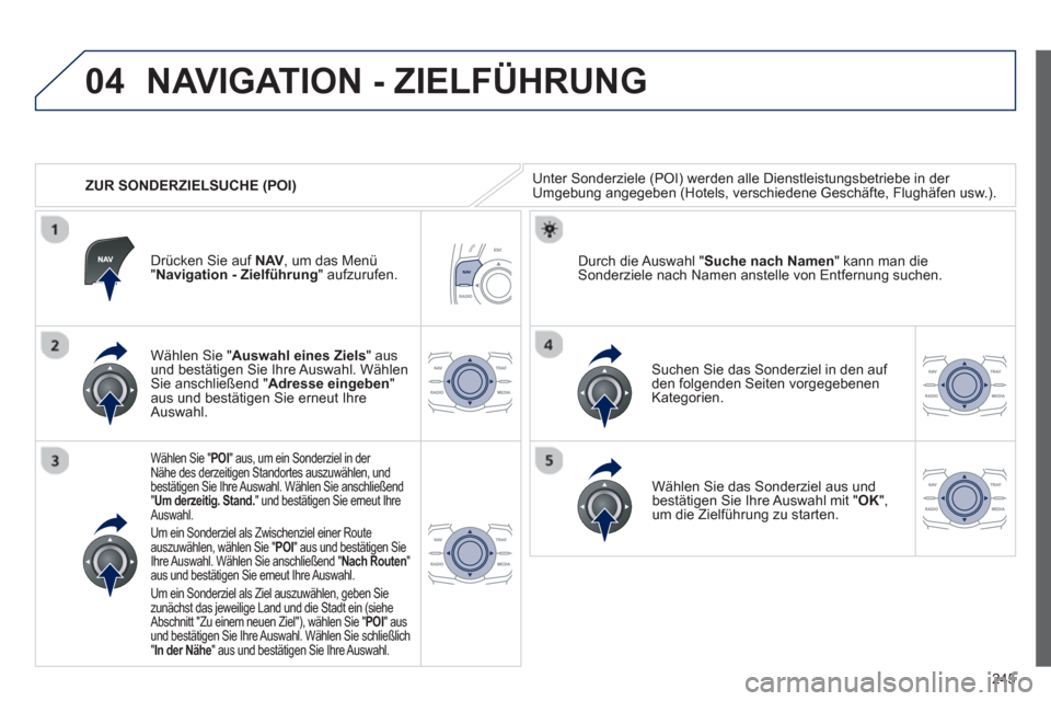 Peugeot 508 RXH 2012 Betriebsanleitung (in German) 245
04
ZUR SONDERZIELSUCHE (POI)
NAVIGATION - ZIELFÜHRUNG
Unter Sonderziele (POI) werden alle Dienstleistungsbetriebe in der Umgebung angegeben (Hotels, verschiedene Geschäfte, Flughäfen usw Peugeot 508 RXH 2012 Betriebsanleitung (in German) 245
04
ZUR SONDERZIELSUCHE (POI)
NAVIGATION - ZIELFÜHRUNG
Unter Sonderziele (POI) werden alle Dienstleistungsbetriebe in der Umgebung angegeben (Hotels, verschiedene Geschäfte, Flughäfen usw
