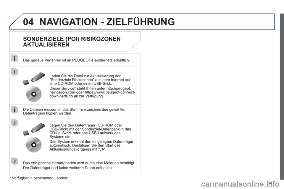 Peugeot 508 RXH 2012 Betriebsanleitung (in German) 247
04NAVIGATION - ZIELFÜHRUNG
SONDERZIELE (POI) RISIKOZONEN
AKTUALISIEREN
Das genaue Verfahren ist im PEUGEOT-Händlernetz erhältlich.
Die Dateien müssen in das
Stammverzeichnis Peugeot 508 RXH 2012 Betriebsanleitung (in German) 247
04NAVIGATION - ZIELFÜHRUNG
SONDERZIELE (POI) RISIKOZONEN
AKTUALISIEREN
Das genaue Verfahren ist im PEUGEOT-Händlernetz erhältlich.
Die Dateien müssen in das
Stammverzeichnis