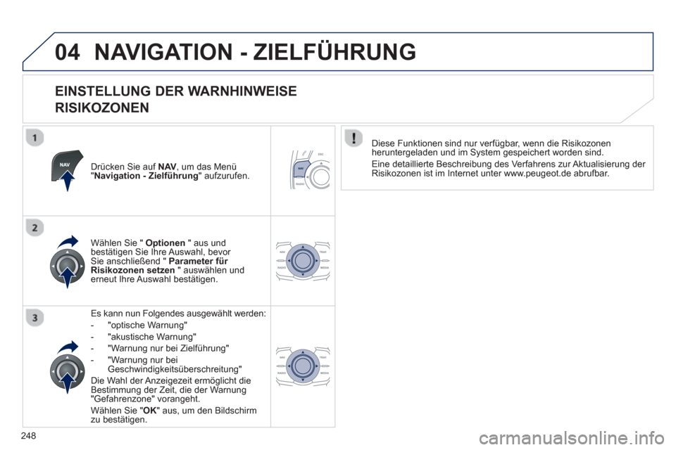 Peugeot 508 RXH 2012 Betriebsanleitung (in German) 248
04NAVIGATION - ZIELFÜHRUNG
EINSTELLUNG DER WARNHINWEISE
RISIKOZONEN
Drücken Sie auf NAV, um das Menü"Navigation - Zielführung
" aufzurufen.
Es kann nun Fol
gendes ausgewählt werden Peugeot 508 RXH 2012 Betriebsanleitung (in German) 248
04NAVIGATION - ZIELFÜHRUNG
EINSTELLUNG DER WARNHINWEISE
RISIKOZONEN
Drücken Sie auf NAV, um das Menü"Navigation - Zielführung
" aufzurufen.
Es kann nun Fol
gendes ausgewählt werden
