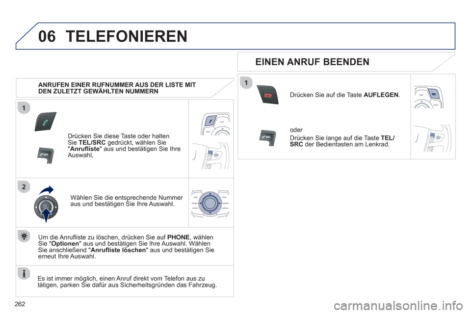 Peugeot 508 RXH 2012 Betriebsanleitung (in German) 262
06TELEFONIEREN
ANRUFEN EINER RUFNUMMER AUS DER LISTE MIT DEN ZULETZT GEWÄHLTEN NUMMERN
Drücken
Sie diese Taste oder halten Sie TEL/SRCgedrückt, wählen Sie "Anrufl iste" aus und best Peugeot 508 RXH 2012 Betriebsanleitung (in German) 262
06TELEFONIEREN
ANRUFEN EINER RUFNUMMER AUS DER LISTE MIT DEN ZULETZT GEWÄHLTEN NUMMERN
Drücken
Sie diese Taste oder halten Sie TEL/SRCgedrückt, wählen Sie "Anrufl iste" aus und best