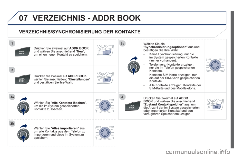 Peugeot 508 RXH 2012  Betriebsanleitung (in German) 267
07
   
VERZEICHNIS/SYNCHRONISIERUNG DER KONTAKTE 
 
 
Drücken Sie zweimal auf ADDR BOOKund wählen Sie anschließend " Neu 
",
um einen neuen Kontakt zu speichern.  
   
Drücken 
Sie zweimal auf