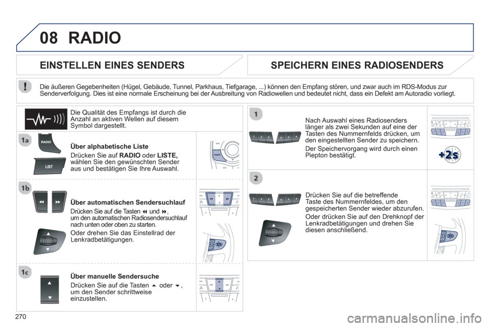 Peugeot 508 RXH 2012  Betriebsanleitung (in German) 270
08RADIO 
Über alphabetische Liste
Drücken 
Sie auf RADIO oder LISTE,wählen Sie den gewünschten Sender aus und bestätigen Sie Ihre Auswahl.  
Über automatischen Sendersuchlauf 
Drücken Sie a