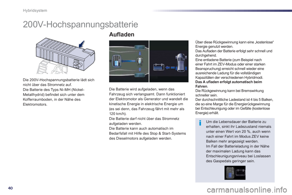Peugeot 508 RXH 2012  Betriebsanleitung (in German) 40
Hybridsystem
   
 
 
 
 
 
 
 
200V-Hochspannungsbatterie 
Die 200V-Hochspannungsbatterie lädt sich nicht über das Stromnetz auf.
Die Batterie des Typs Ni-MH (Nickel-Metallhydrid) befindet sich u