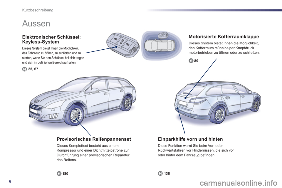 Peugeot 508 RXH 2012  Betriebsanleitung (in German) 6
Kurzbeschreibung
   
Motorisierte Kofferraumklappe
 
Dieses System bietet Ihnen die Möglichkeit, 
den Kofferraum mühelos per Knopfdruck motorbetrieben zu öffnen oder zu schließen.
8
0
Elektronis