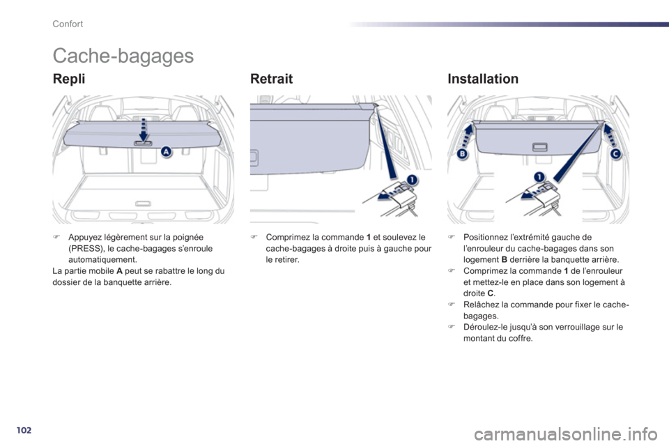 Peugeot 508 RXH 2012  Manuel du propriétaire (in French) 102
Confort
   
 
 
 
 
Cache-bagages 
Repli   
Retrait   
Installation
�)Appuyez légèrement sur la poignée (PRESS), le cache-bagages s’enrouleautomatiquement.  
La par tie mobile  A   peut se ra
