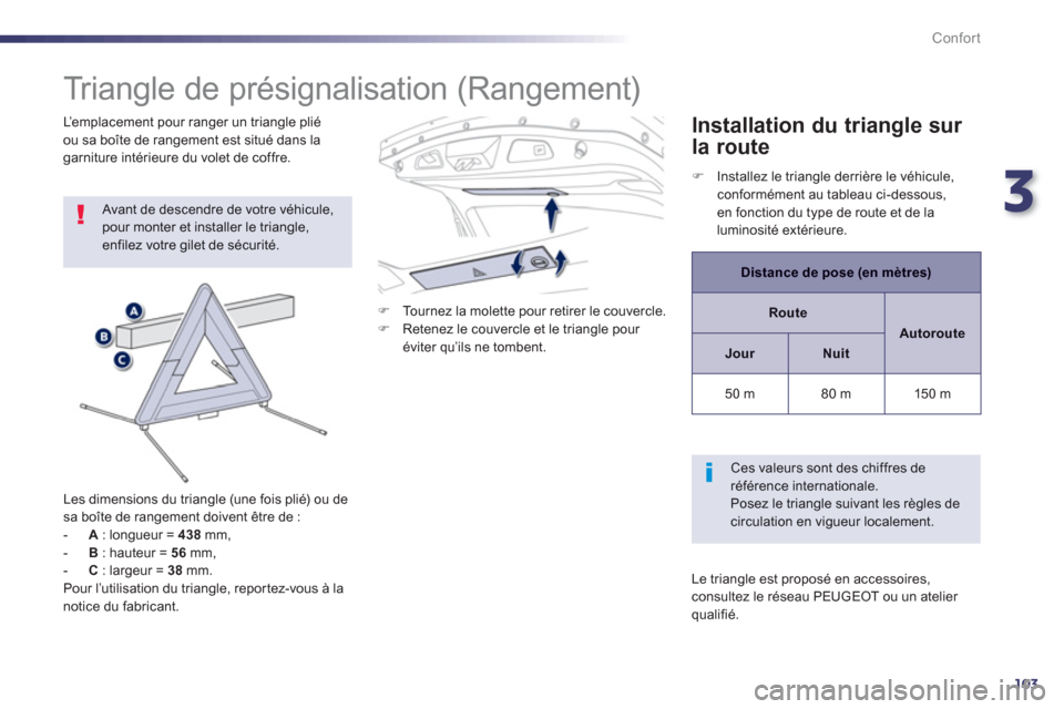 Peugeot 508 RXH 2012  Manuel du propriétaire (in French) 3
103
Confort
   
 
 
 
 
 
 
 
Triangle de présignalisation (Rangement) 
 Avant de descendre de votre véhicule,pour monter et installer le triangle, enfilez votre gilet de sécurité.
   
Les dimen