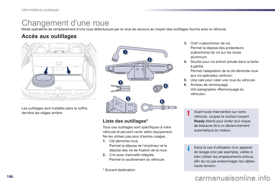 Peugeot 508 RXH 2012  Manuel du propriétaire (in French) 186
Informations pratiques
   
 
 
 
 
 
 
 
 
 
Changement d’une roue Mode opératoire de remplacement d’une roue défectueuse par la roue de secours au moyen des outillages fournis avec le véhi