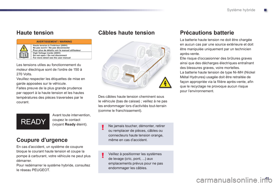 Peugeot 508 RXH 2012  Manuel du propriétaire (in French) .
41
Système hybride
Haute tension
   Avant toute intervention,coupez le contact(voyant Ready 
 éteint).  
 
Câbles haute tension
Des câbles haute tension cheminent sous le véhicule (bas de caiss
