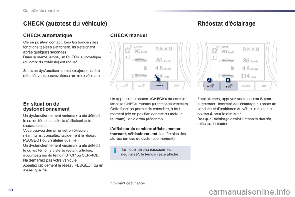Peugeot 508 RXH 2012  Manuel du propriétaire (in French) 58
Contrôle de marche
   
*  
 Suivant destination.  
CHECK (autotest du véhicule) 
CHECK automatique 
Clé en position contact, tous les témoins des fonctions testées s’affichent. Ils s’étei