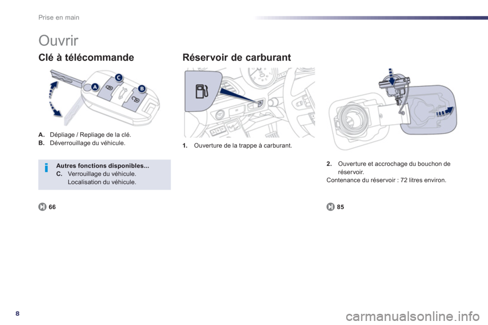 Peugeot 508 RXH 2012  Manuel du propriétaire (in French) 8
Prise en main
  Ouvrir 
A. 
 Dépliage / Repliage de la clé.B.Déverrouillage du véhicule.
Clé à télécommande 
1.Ouver ture de la trappe à carburant. 
 
 
Réservoir de carburant 
85
2.Ouvert