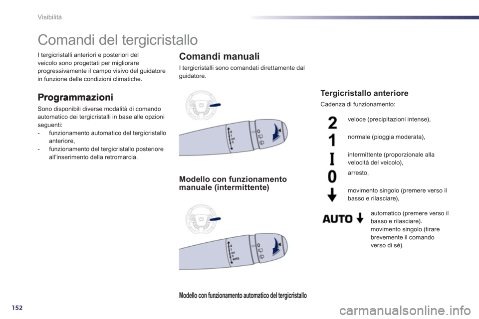 Peugeot 508 RXH 2012 Manuale del proprietario (in Italian) 152
Visibilità
Comandi del tergicristallo
Sono disponibili diverse modalità di comando automatico dei tergicristalli in base alle opzioni seguenti:
- funzionamento automatico del Peugeot 508 RXH 2012 Manuale del proprietario (in Italian) 152
Visibilità
Comandi del tergicristallo
Sono disponibili diverse modalità di comando automatico dei tergicristalli in base alle opzioni seguenti:
- funzionamento automatico del