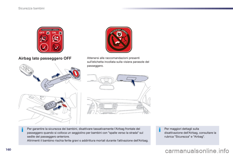 Peugeot 508 RXH 2012 Manuale del proprietario (in Italian) 160
Sicurezza bambini
Airbag lato passeggero OFF
Per garantire la sicurezza dei bambini, disattivare tassativamente l’Airbag frontale del
passeggero quando si colloca un seggiolino per bambini con " Peugeot 508 RXH 2012 Manuale del proprietario (in Italian) 160
Sicurezza bambini
Airbag lato passeggero OFF
Per garantire la sicurezza dei bambini, disattivare tassativamente l’Airbag frontale del
passeggero quando si colloca un seggiolino per bambini con "