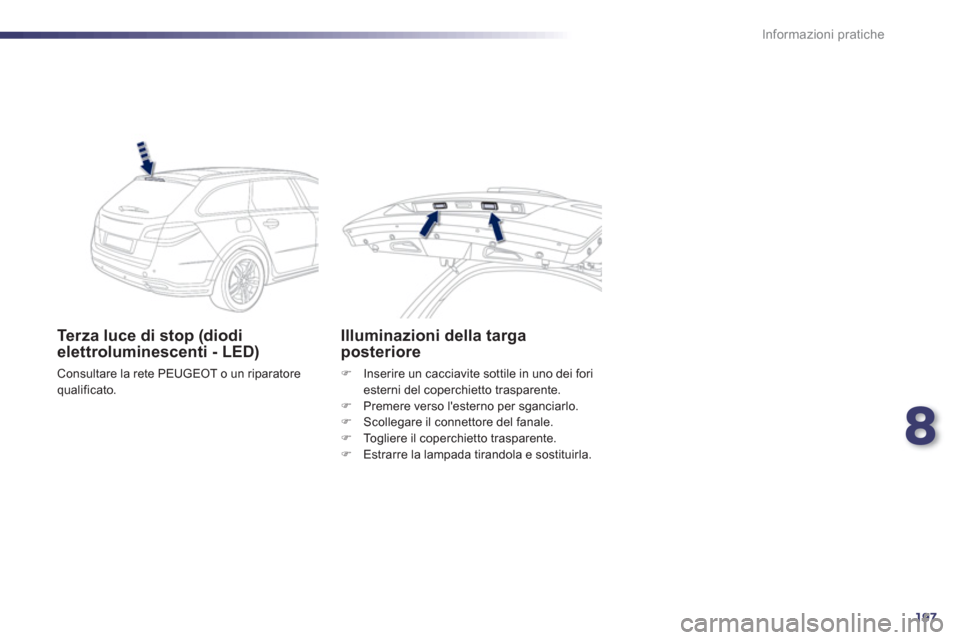 Peugeot 508 RXH 2012  Manuale del proprietario (in Italian) 8
197
Informazioni pratiche
Terza luce di stop (diodi elettroluminescenti - LED) 
 Consultare la rete PEUGEOT o un riparatorequalificato.  
 
Illuminazioni della targaposteriore
�) 
 Inserire un cacci