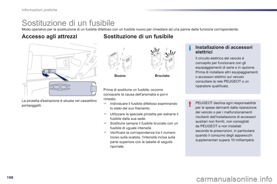 Peugeot 508 RXH 2012  Manuale del proprietario (in Italian) 198
Informazioni pratiche
   
 
 
 
 
 
 
 
 
 
 
 
 
 
 
 
 
 
 
 
Sostituzione di un fusibile Modo operativo per la sostituzione di un fusibile difettoso con un fusibile nuovo per rimediare ad una p