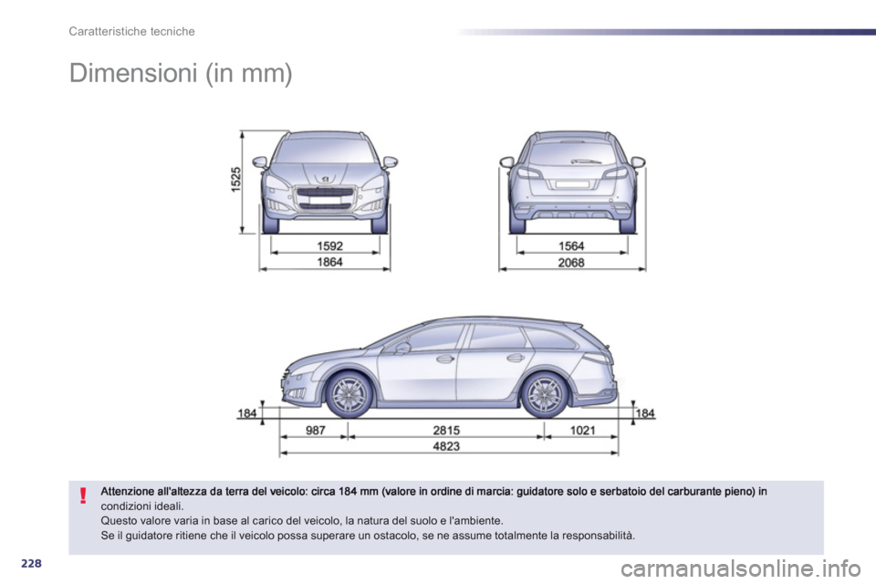 Peugeot 508 RXH 2012 Manuale del proprietario (in Italian) 228
Caratteristiche tecniche
Dimensioni (in mm)
condizioni ideali. Questo valore varia in base al carico del veicolo, la natura del suolo e lambiente. Se il guidatore ritiene che il ve Peugeot 508 RXH 2012 Manuale del proprietario (in Italian) 228
Caratteristiche tecniche
Dimensioni (in mm)
condizioni ideali. Questo valore varia in base al carico del veicolo, la natura del suolo e lambiente. Se il guidatore ritiene che il ve