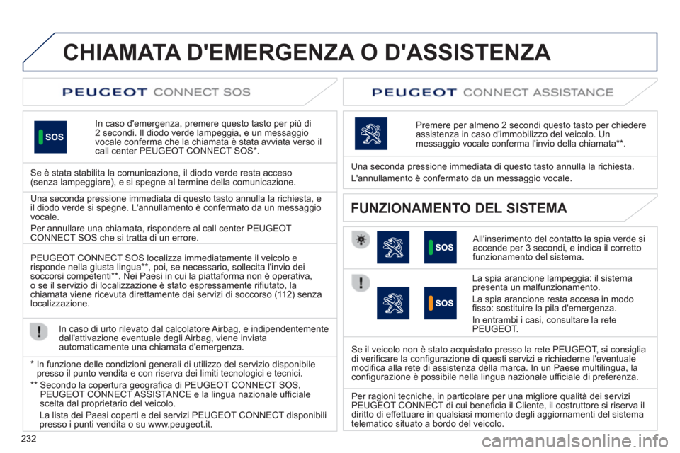 Peugeot 508 RXH 2012 Manuale del proprietario (in Italian) 232
CHIAMATA DEMERGENZA O DASSISTENZA
In caso demergenza, premere questo tasto per più di2 secondi. Il diodo verde lampeggia, e un messaggio
vocale conferma che la chiamata è stata avviata ve Peugeot 508 RXH 2012 Manuale del proprietario (in Italian) 232
CHIAMATA DEMERGENZA O DASSISTENZA
In caso demergenza, premere questo tasto per più di2 secondi. Il diodo verde lampeggia, e un messaggio
vocale conferma che la chiamata è stata avviata ve