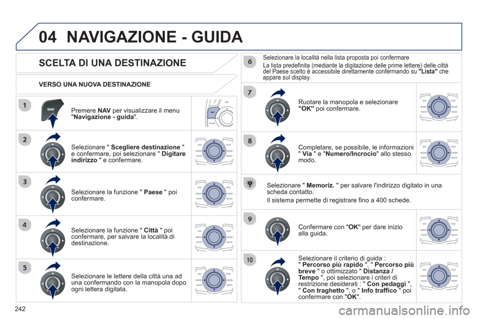 Peugeot 508 RXH 2012 Manuale del proprietario (in Italian) 242
04
Premere NAV
per visualizzare il menu"Navigazione - guida".
VERSO UNA NUOVA DESTINAZIONE
NAVIGAZIONE - GUIDA
SCELTA DI UNA DESTINAZIONE
Selezionare " Scegliere Peugeot 508 RXH 2012 Manuale del proprietario (in Italian) 242
04
Premere NAV
per visualizzare il menu"Navigazione - guida".
VERSO UNA NUOVA DESTINAZIONE
NAVIGAZIONE - GUIDA
SCELTA DI UNA DESTINAZIONE
Selezionare " Scegliere