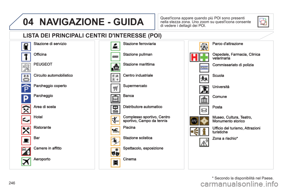 Peugeot 508 RXH 2012 Manuale del proprietario (in Italian) 246
04
LISTA DEI PRINCIPALI CENTRI DINTERESSE (POI)
NAVIGAZIONE - GUIDA
Questicona appare quando più POI sono presenti nella stezza zona. Uno zoom su questicona consente
di vedere i dettagl Peugeot 508 RXH 2012 Manuale del proprietario (in Italian) 246
04
LISTA DEI PRINCIPALI CENTRI DINTERESSE (POI)
NAVIGAZIONE - GUIDA
Questicona appare quando più POI sono presenti nella stezza zona. Uno zoom su questicona consente
di vedere i dettagl