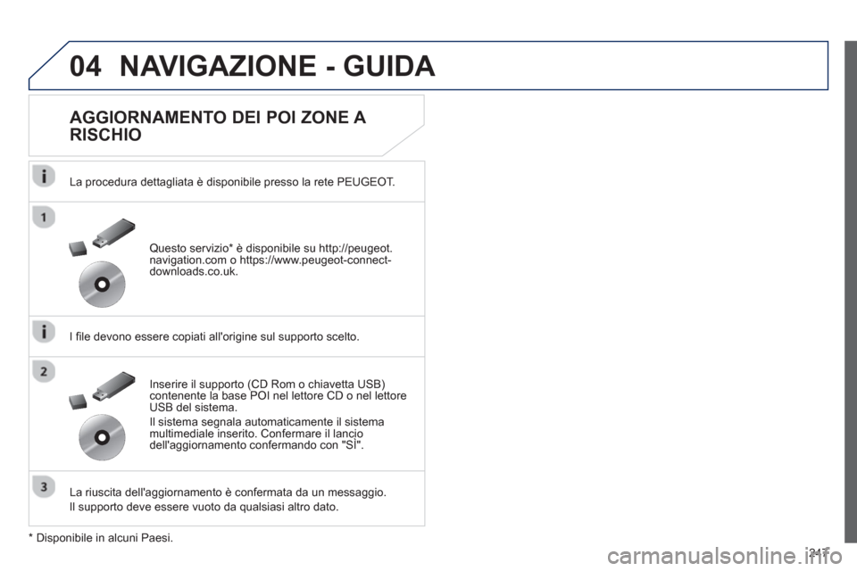 Peugeot 508 RXH 2012 Manuale del proprietario (in Italian) 247
04NAVIGAZIONE - GUIDA
AGGIORNAMENTO DEI POI ZONE A
RISCHIO
La procedura dettagliata è disponibile presso la rete PEUGEOT.
I file devono essere copiati allori
gine sul supporto Peugeot 508 RXH 2012 Manuale del proprietario (in Italian) 247
04NAVIGAZIONE - GUIDA
AGGIORNAMENTO DEI POI ZONE A
RISCHIO
La procedura dettagliata è disponibile presso la rete PEUGEOT.
I file devono essere copiati allori
gine sul supporto