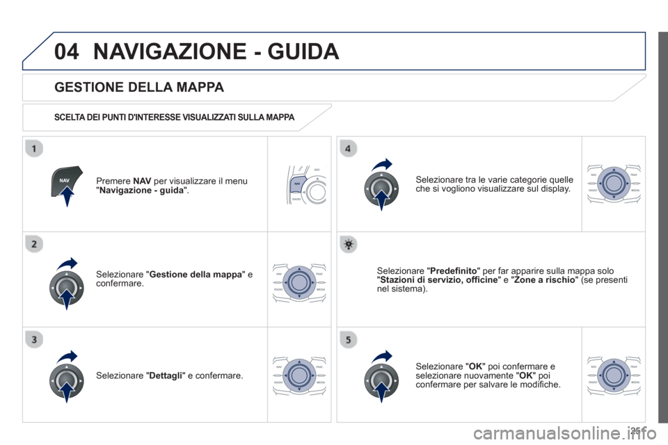Peugeot 508 RXH 2012 Manuale del proprietario (in Italian) 251
04NAVIGAZIONE - GUIDA
Premere NAVper visualizzare il menu "Navigazione - guida
".
GESTIONE DELLA MAPPA
SCELTA DEI PUNTI DINTERESSE VISUALIZZATI SULLA MAPPA
Selezionare " Gestione d Peugeot 508 RXH 2012 Manuale del proprietario (in Italian) 251
04NAVIGAZIONE - GUIDA
Premere NAVper visualizzare il menu "Navigazione - guida
".
GESTIONE DELLA MAPPA
SCELTA DEI PUNTI DINTERESSE VISUALIZZATI SULLA MAPPA
Selezionare " Gestione d