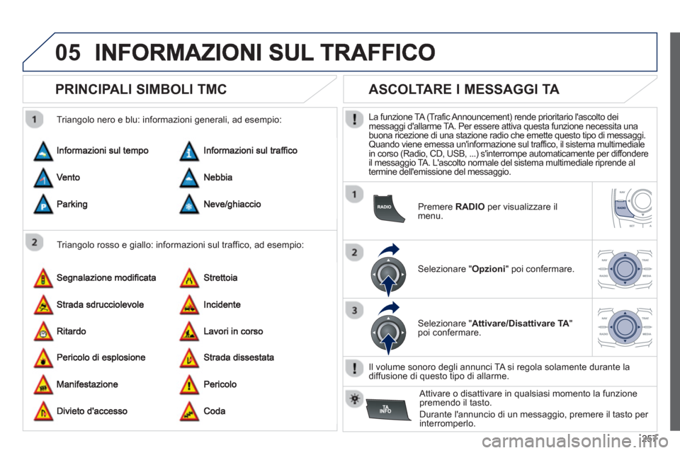 Peugeot 508 RXH 2012 Manuale del proprietario (in Italian) 257
05
PRINCIPALI SIMBOLI TMC
Triangolo rosso e giallo: informazioni sul traffico, ad esempio:
Trian
golo nero e blu: informazioni generali, ad esempio:
ASCOLTAR Peugeot 508 RXH 2012 Manuale del proprietario (in Italian) 257
05
PRINCIPALI SIMBOLI TMC
Triangolo rosso e giallo: informazioni sul traffico, ad esempio:
Trian
golo nero e blu: informazioni generali, ad esempio:
ASCOLTAR