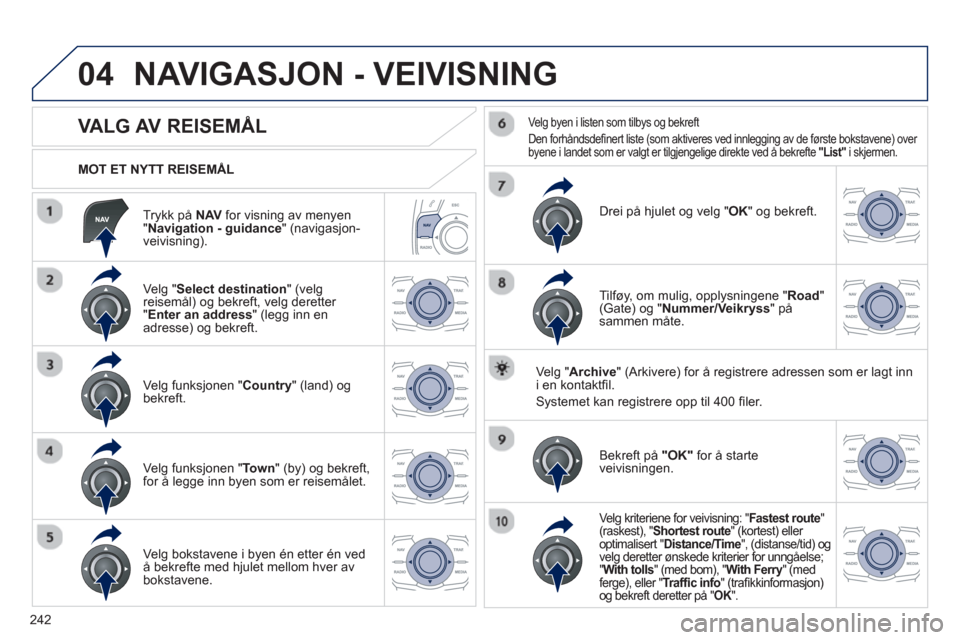 Peugeot 508 RXH 2012  Brukerhåndbok (in Norwegian) 242
04
   
Trykk på NAV 
 for visning av menyen
" Navigation - guidance 
" (navigasjon-
veivisning).    
MOT ET NYTT REISEM
ÅL
NAVIGASJON - VEIVISNING 
 
 
 
 
 
 
 
 
 
 
 
 
 
VALG AV REISEMÅL 
 