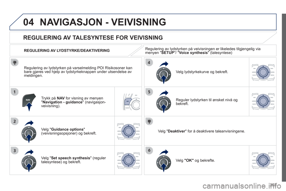 Peugeot 508 RXH 2012 Brukerhåndbok (in Norwegian) 253
04NAVIGASJON - VEIVISNING
Trykk på NAV
for visning av menyen "Navigation - guidance" (navigasjon-
veivisning).
REGULERING AV TALESYNTESE FOR VEIVISNING
Ve lg "Guidance option Peugeot 508 RXH 2012 Brukerhåndbok (in Norwegian) 253
04NAVIGASJON - VEIVISNING
Trykk på NAV
for visning av menyen "Navigation - guidance" (navigasjon-
veivisning).
REGULERING AV TALESYNTESE FOR VEIVISNING
Ve lg "Guidance option