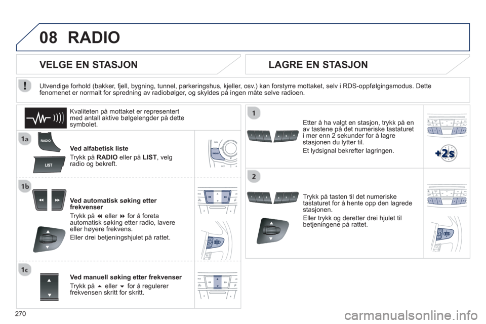 Peugeot 508 RXH 2012  Brukerhåndbok (in Norwegian) 270
08RADIO 
Ved alfabetisk liste
Tr
ykk på  RADIOeller på LIST, velgradio og bekreft.
Ved automatisk søking etter 
frekvenser 
Tr
ykk på  �eller �   for å foreta automatisk søking etter radio