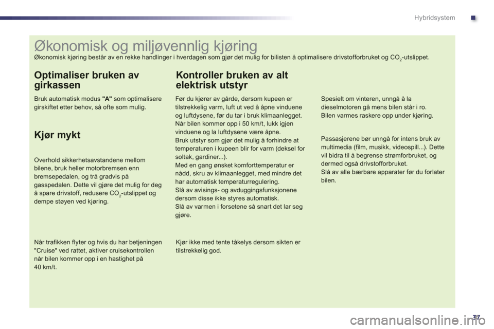 Peugeot 508 RXH 2012 Brukerhåndbok (in Norwegian) .
37
Hybridsystem
Økonomisk og miljøvennlig kjøring
Økonomisk kjøring består av en rekke handlinger i hverdag Peugeot 508 RXH 2012 Brukerhåndbok (in Norwegian) .
37
Hybridsystem
Økonomisk og miljøvennlig kjøring
Økonomisk kjøring består av en rekke handlinger i hverdag