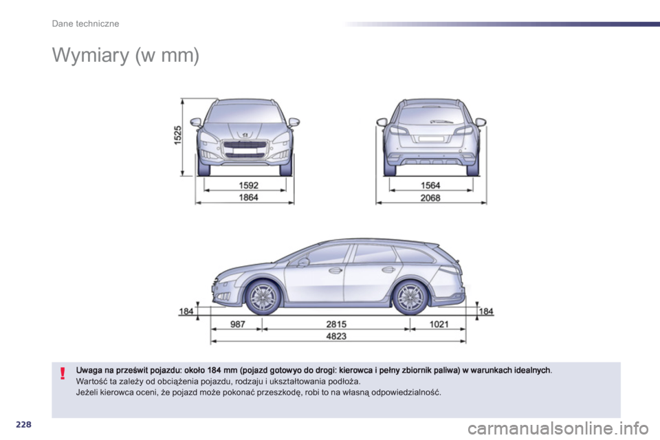 Peugeot 508 RXH 2012 Instrukcja Obsługi (in Polish) 228
Dane techniczne
Wymiary (w mm)
War tość ta zależy od obciążenia pojazdu, rodzaju i ukształtowania podłoża.
Jeżeli kierowca oceni, że pojazd może pokonać przeszkodę, ro Peugeot 508 RXH 2012 Instrukcja Obsługi (in Polish) 228
Dane techniczne
Wymiary (w mm)
War tość ta zależy od obciążenia pojazdu, rodzaju i ukształtowania podłoża.
Jeżeli kierowca oceni, że pojazd może pokonać przeszkodę, ro