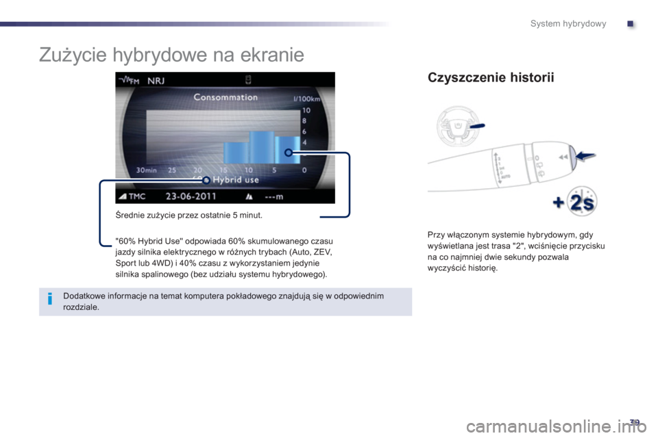 Peugeot 508 RXH 2012  Instrukcja Obsługi (in Polish) .
39
System hybrydowy
   
 
 
 
 
 
 
Zużycie hybrydowe na ekranie 
Średnie zużycie przez ostatnie 5 minut. 
Czyszczenie historii 
 
Przy włączonym systemie hybrydowym, gdy 
wyświetlana jest tra