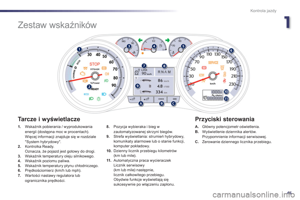 Peugeot 508 RXH 2012  Instrukcja Obsługi (in Polish) 1
45
Kontrola jazdy
   
 
 
 
 
 
 
 
Zestaw wskaźników 
1. 
 Wskaźnik pobierania / wyprodukowaniaenergii (dostępna moc w procentach).
 Więcej informacji znajduje się w rozdziale 
"System hybryd