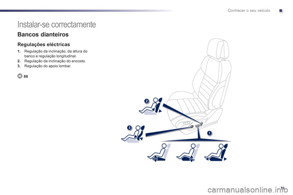 Peugeot 508 RXH 2012  Manual do proprietário (in Portuguese) .
11
Conhecer o seu veículo
  Instalar-se correctamente 
 
 
Bancos dianteiros
 
 
Regulações eléctricas 
1. 
 Regulação da inclinação, da altura dobanco e regulação longitudinal. 2.Regulaç