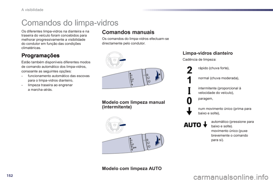 Peugeot 508 RXH 2012  Manual do proprietário (in Portuguese) 152
A visibilidade
   
 
 
 
 
 
 
 
Comandos do limpa-vidros 
Estão também disponíveis diferentes modos 
de comando automático dos limpa-vidros, 
consoante as seguintes opções:
-  funcionamento
